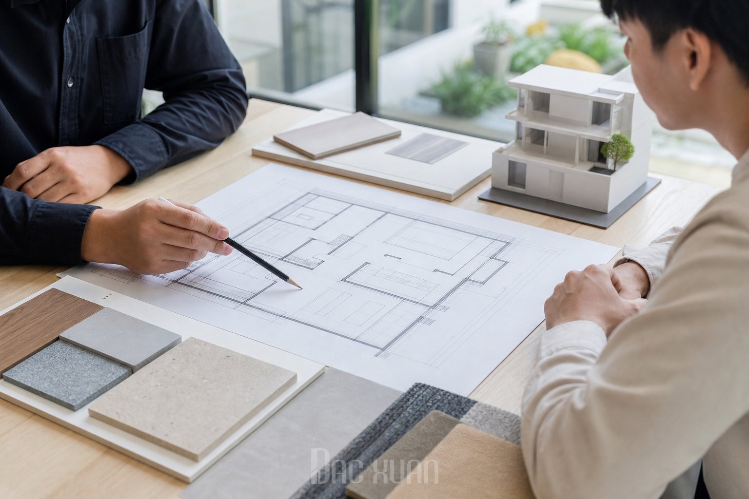 Kiến trúc sư và gia chủ trao đổi phương án thiết kế nhà